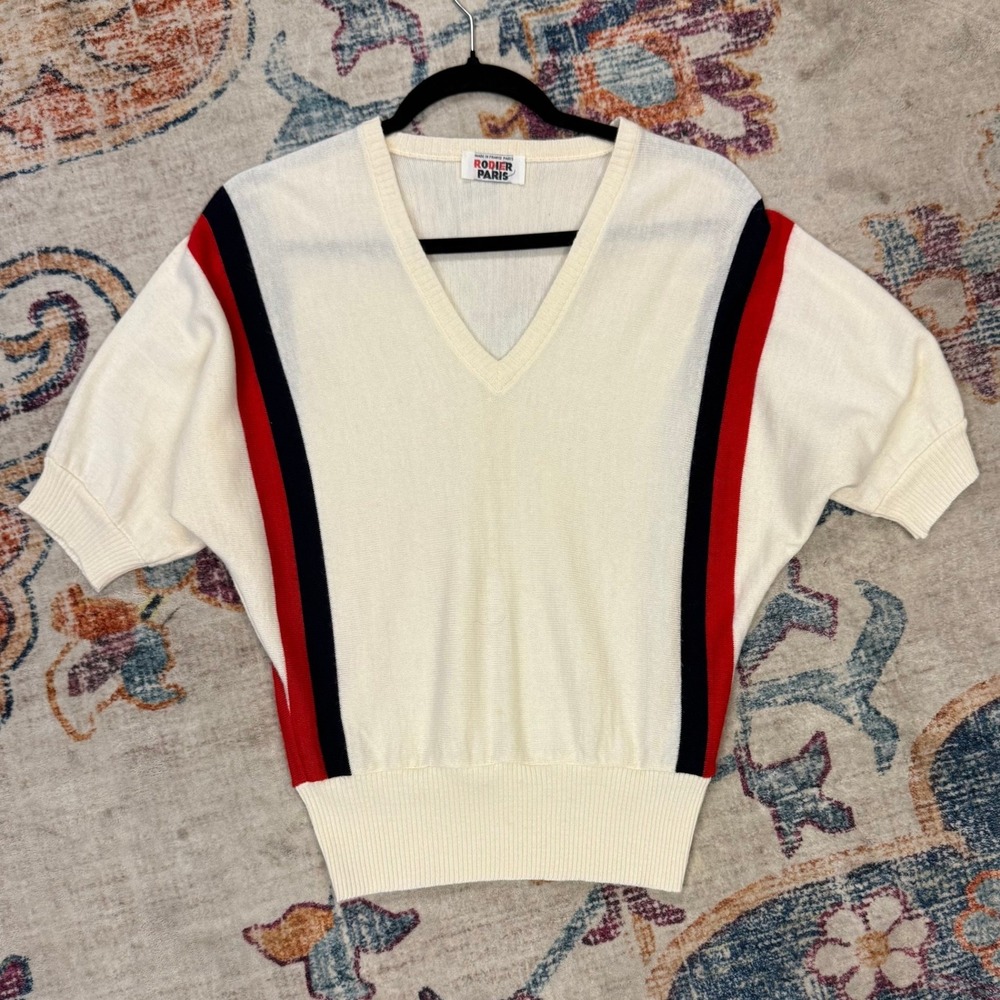 RODIER PARIS Wool Blend Knit Sweater V Neck Dolman Sleeve Cream Red Navy Stripes - Picture 2 of 6